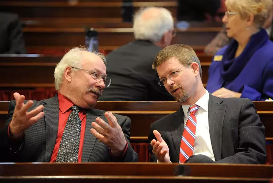House Speaker Shap Smith, right, with Rep. Bob Helm. - JEB WALLACE-BRODEUR
