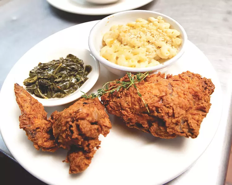 Fried chicken, collards, and mac and cheese at Nectar's - MATTHEW THORSEN