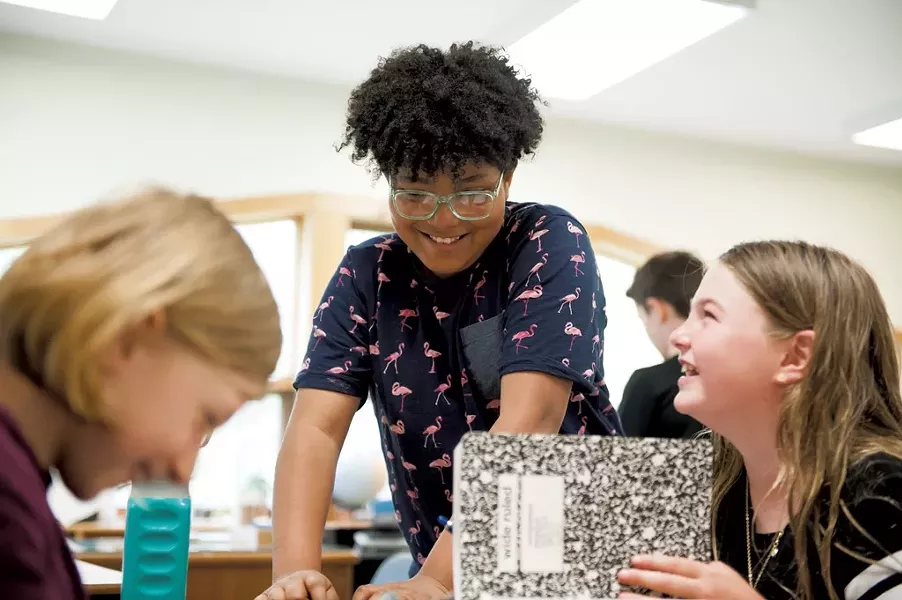 Lake Champlain Waldorf School students Maggie Goff, Sebastien Mateo Baker-Djele and Juliette Macon (left to right), during a Cyber Civics lesson last school year - COURTESY OF CYBER CIVICS