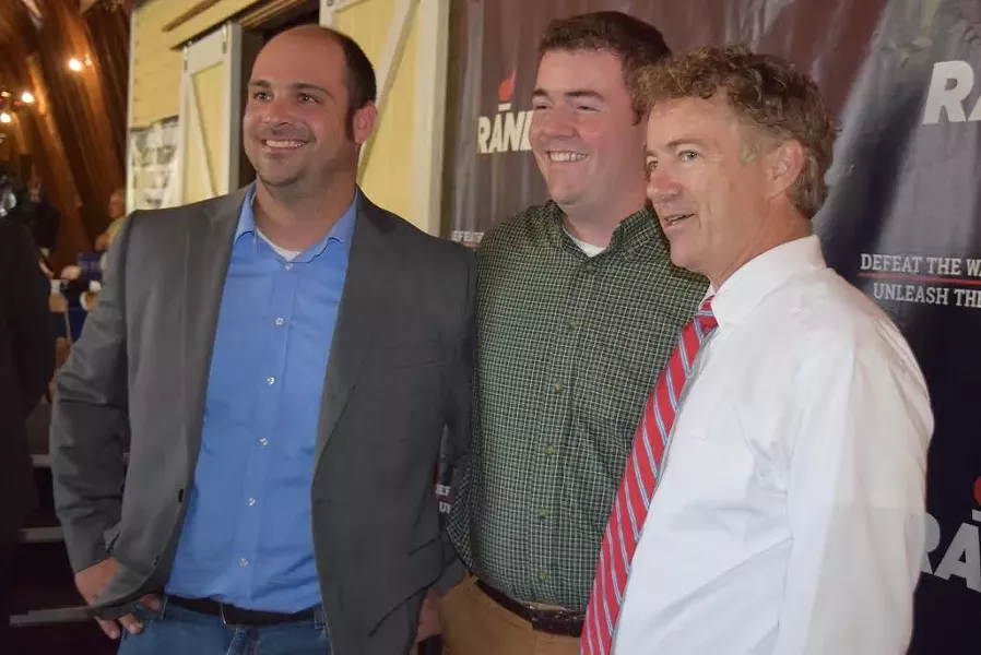 Sen. Rand Paul (R-Ky.), right, poses for a photo with state Sen. Dustin Degree (R-Franklin), left, and Rep. Corey Parent (R-St. Albans). - TERRI HALLENBECK
