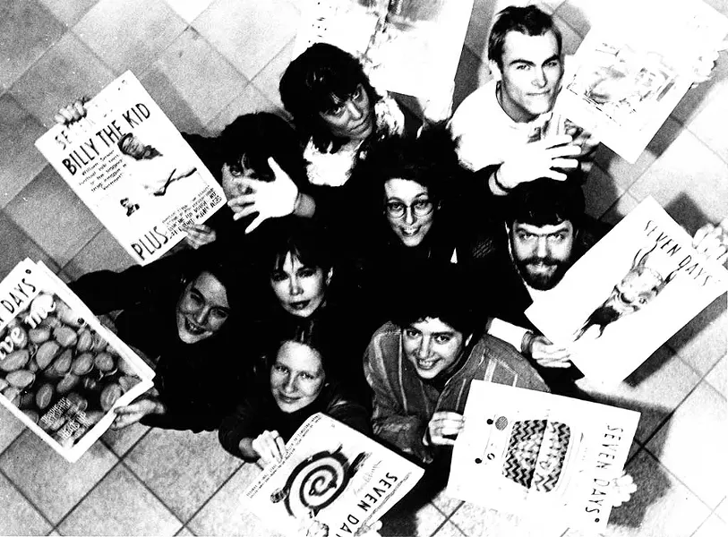 FIRST ANNIVERSARY STAFF PHOTO, 1996: Top from left: Barbara Peabody, Kathy Erickson, Lars-Erik Fisk. Second row: Maggie Starvish, Pamela Polston, Paula Routly, Rick Woods. Bottom row: Samantha Hunt, Clove Tsindle. (Photo: Matthew Thorsen)
