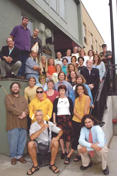ON THE STEPS: IN FRONT: Matthew Thorsen, Colby Roberts. - FIRST ROW: Marc Awodey, Diane Sullivan, Pamela Polston, Paula Routly. - SECOND ROW: Don Eggert, Allison Davis, Ruth Horowitz, Michael Bradshaw, Cathy Resmer, Katherine Reilly-Fitz Patrick. - THIRD ROW: Michelle Brown, Leslie O’Halloran, Rick Kisonak. - FOURTH ROW: Elisabeth Crean, Meghan Dewald, Joanna May, Sam Horowitz, Sarah Potter. - TOP ROW: Jonathan Bruce, Judy Beaulac, Krystal Woodward, Robyn Birgisson, Priscilla Steenec, Peter Freyne. - ON THE LEDGE, STANDING: Rick Woods, Casey Rea. SITTING: Jernigan Pontiac, Ken Picard, Sarah Tuff. - NOT PICTURED: Columnists Peter Kurth, Margot Harrison, Susan Green and Judith Levine; photographers Jordan Silverman, Andy Duback, Jay Ericson and Jeb Wallace-Brodeur; our freelance illustrators and cartoonists; and circulation team: Harry Appelgate, Christopher Billups, Rob Blevins, the Bouffards — David Jr., David Sr., Joe and Pat — Steve Hadeka, Abram Harrison, Justin Hart, Nick Kirshnit, Jack Lutz, Nat Michael and Bill Stone. - PHOTO: Matthew Thorsen.