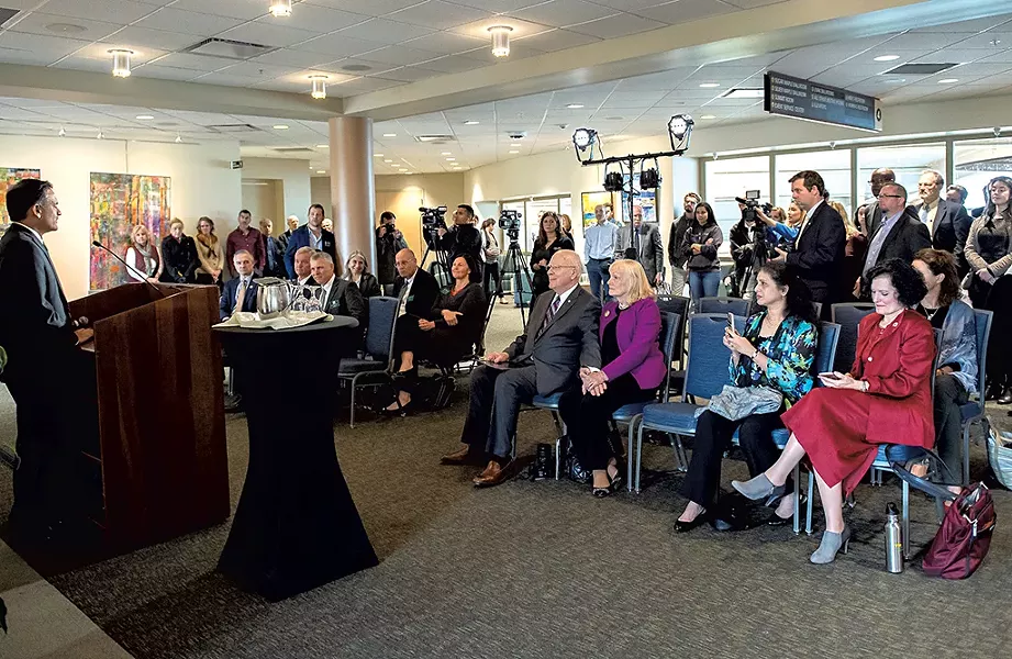 Sen. Patrick Leahy holding wife Marcelle's hand at the announcement of the scholarship - COURTESY OF SALLY MCCAY/UVM
