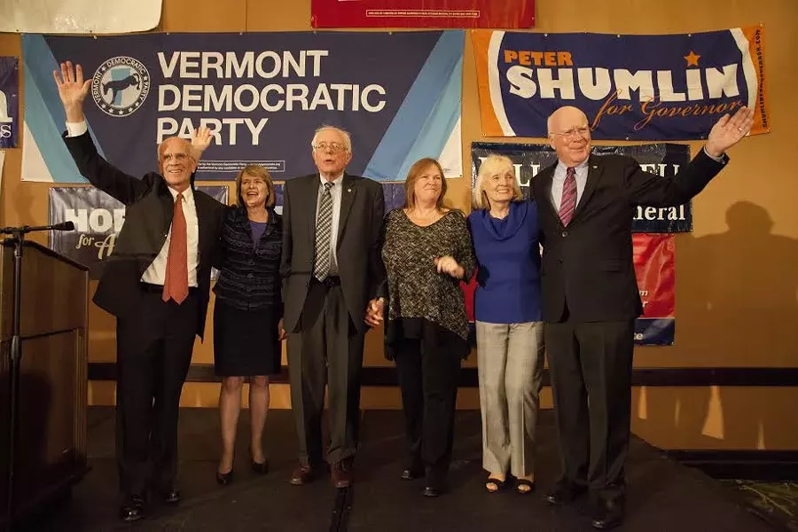 Vermont's congressional delegation — Rep. Peter Welch, Sen. Bernie Sanders and Sen. Patrick Leahy — and their spouses on Election Day 2014. - MATTHEW THORSEN