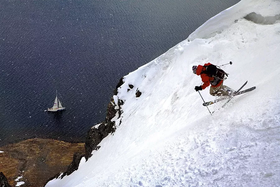 Ken Lucas skiing the Breakfast Couloir in northwest Iceland's Hornstrandir Peninsula - COURTESY OF EMBER PHOTOGRAPHY