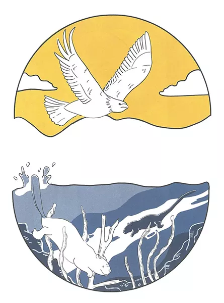 MIGWEN - Feather - MGESO - Eagle - AWAN - Air - NEBI - Water - NEBESIS - Pond - TMAKWA - Beaver - MOSKWAS - Muskrat - ILLUSTRATIONS BY KELSI BRETT