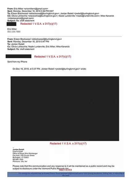 Burlington redacted emails sent by private citizens weighing in on city business. Seven Days obscured Miller's phone number