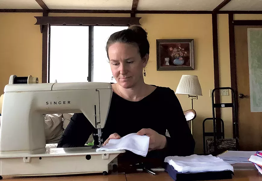 Calley Hastings sewing a mask at home - COURTESY OF CALLEY HASTINGS