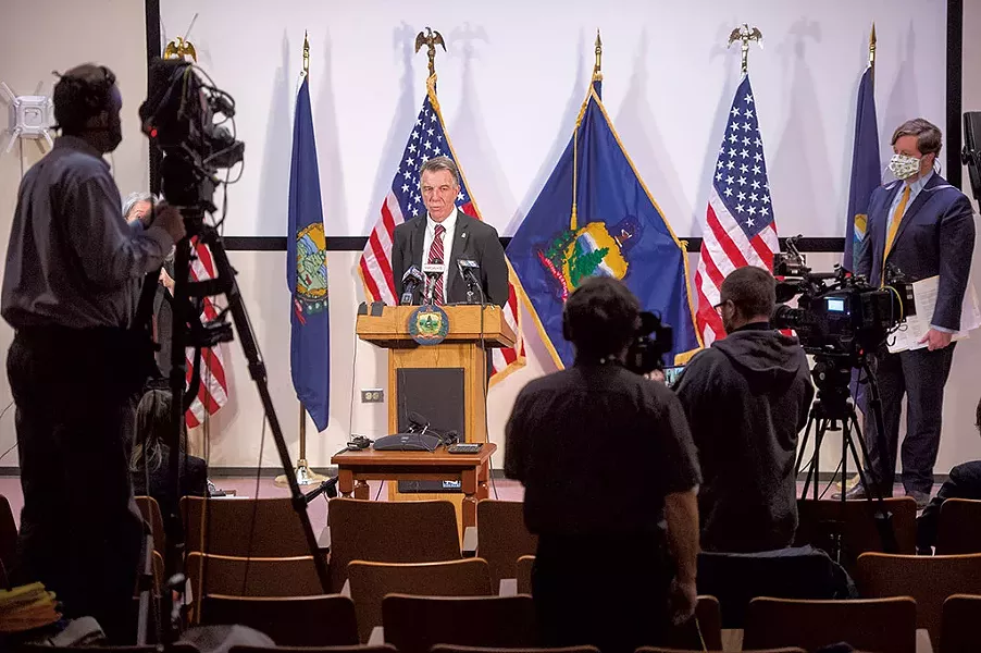 Gov. Phil Scott addressing reporters last Friday in Montpelier - JEB WALLACE-BRODEUR