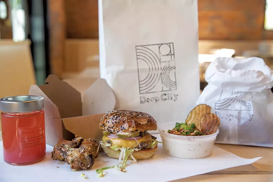 To-go cocktail, wings, burger and onion dip at Deep City - JAMES BUCK