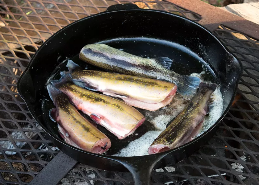 Trout cooking in a cast-iron pan - COURTESY OF VERMONT DEPARTMENT OF FISH & WILDLIFE