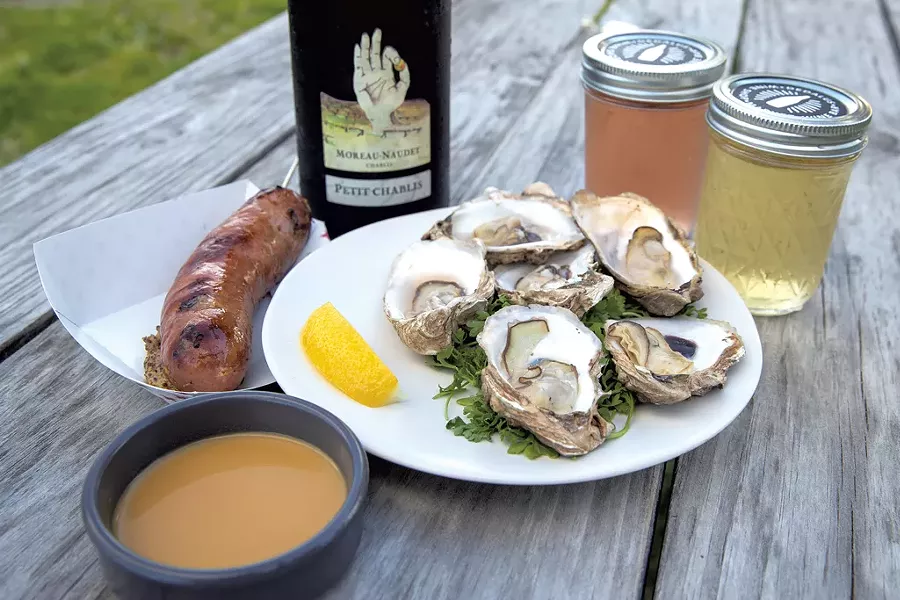 Grilled oysters and Kasekrainer sausage at Dedalus Wine Shop, Market & Wine Bar - JAMES BUCK