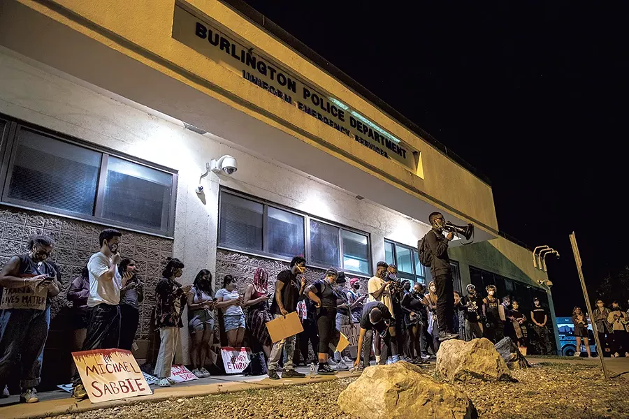 Protesters in front of the Burlington Police Department - FILE: JAMES BUCK
