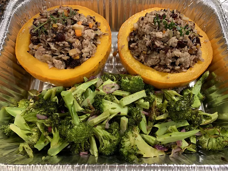 Harvest-Stuffed Squash packed up for a friend - MELISSA PASANEN ©️ SEVEN DAYS