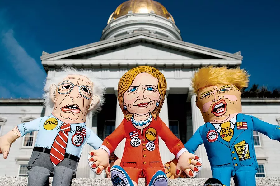 Fuzzu presidential-parody toys on the steps of the Vermont capitol building