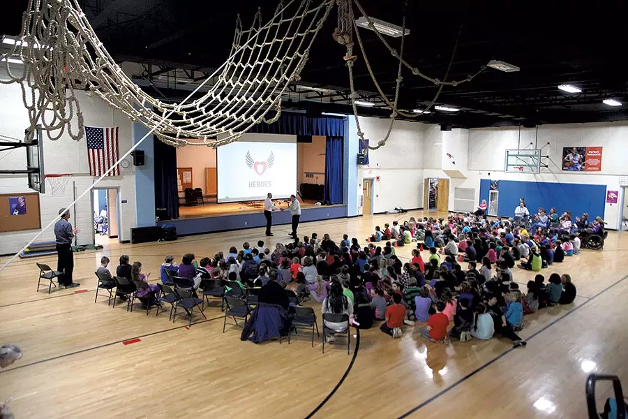 Tom Murphy speaking to fourth and fifth graders at Thomas Fleming School in Essex Junction - MATTHEW THORSEN