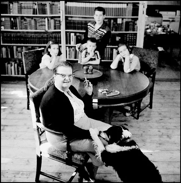 Shirley Jackson with her dog and four children in 1956 - COURTESY OF BARRY HYMAN