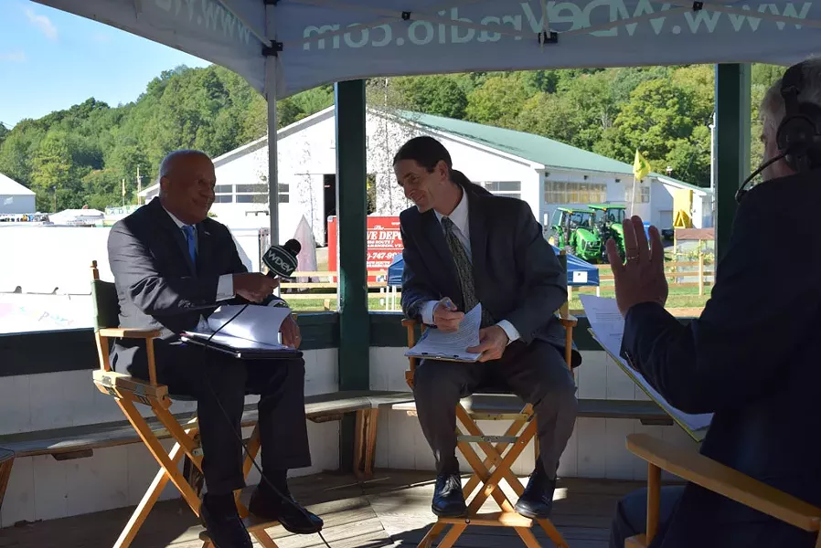 Republican candidate for lieutenant governor Randy Brock (left) debates Progressive/Democrat David Zuckerman (center) with WDEV radio talk show host Mike Smith at the Tunbridge Fair last week. - TERRI HALLENBECK