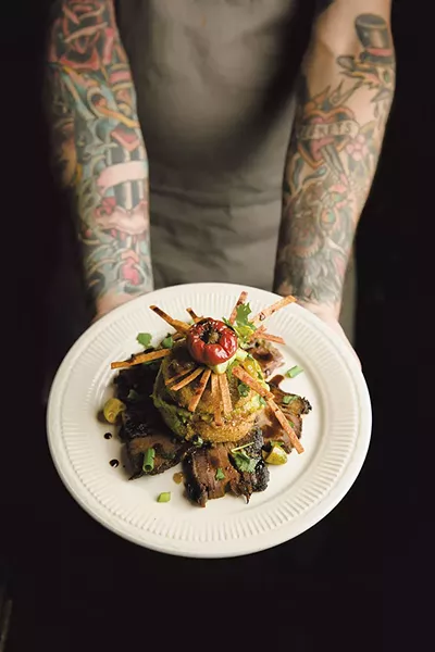 Fried green tomato on brisket napoleon - BRENT HARREWYN
