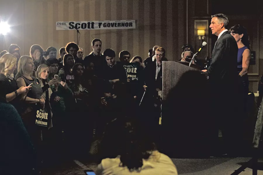 Phil Scott speaking to supporters at Republican headquarters in Burlington - MATTHEW THORSEN