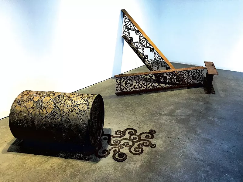 "Sweet Spill" (left) and "Fabricate" by Cal Lane - PAMELA POLSTON