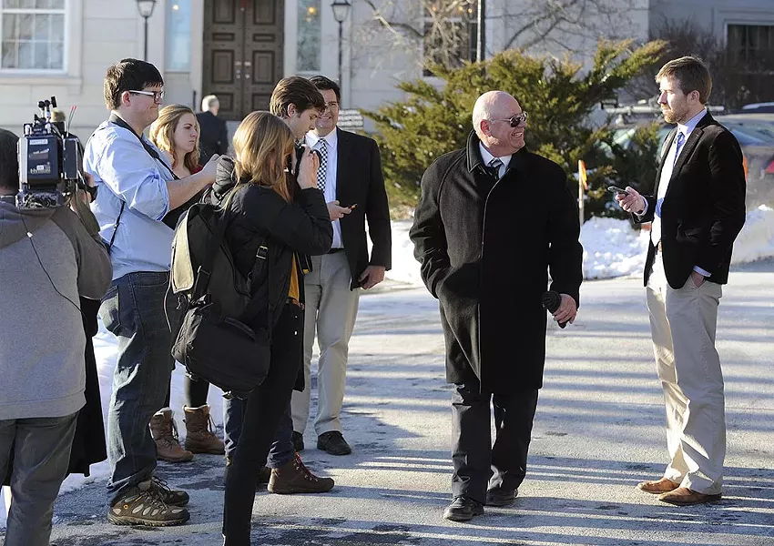 Sen. Norm McAllister grinning at Paul Heintz (far right) after his suspension from the Senate - FILE: JEB WALLACE-BRODEUR