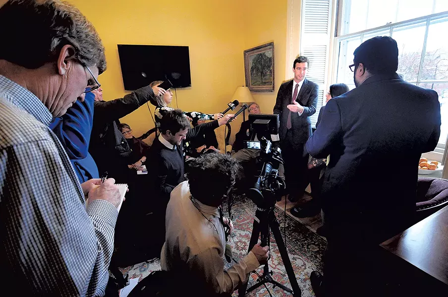 Tim Ashe speaking to reporters - MATTHEW THORSEN
