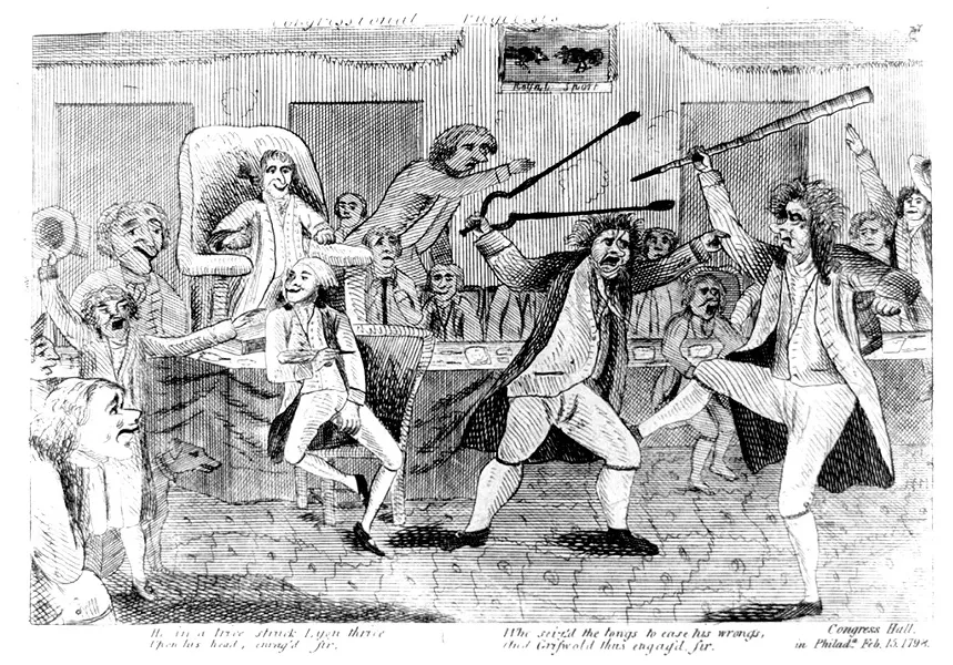 Contemporary cartoon of congressman Matthew Lyon (left) fighting congressman Roger Griswold