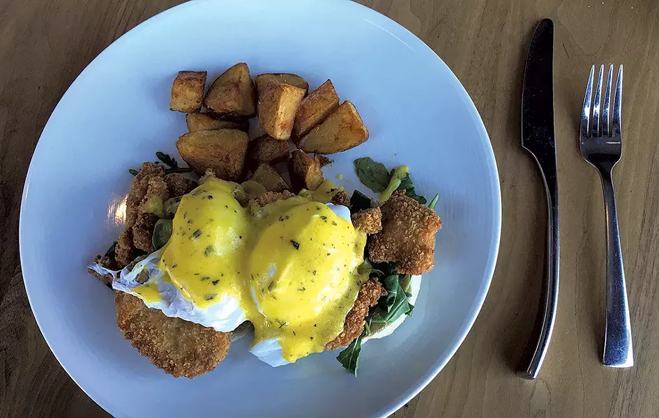 Fried-oyster Benedict at Bleu Northeast Seafood - PAMELA POLSTON