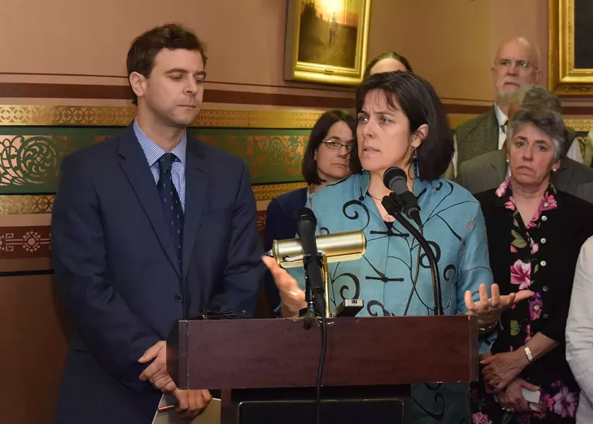 Senate President Pro Tempore Tim Ashe (left) and House Speaker Mitzi Johnson at a press conference last Wednesday. - TERRI HALLENBECK