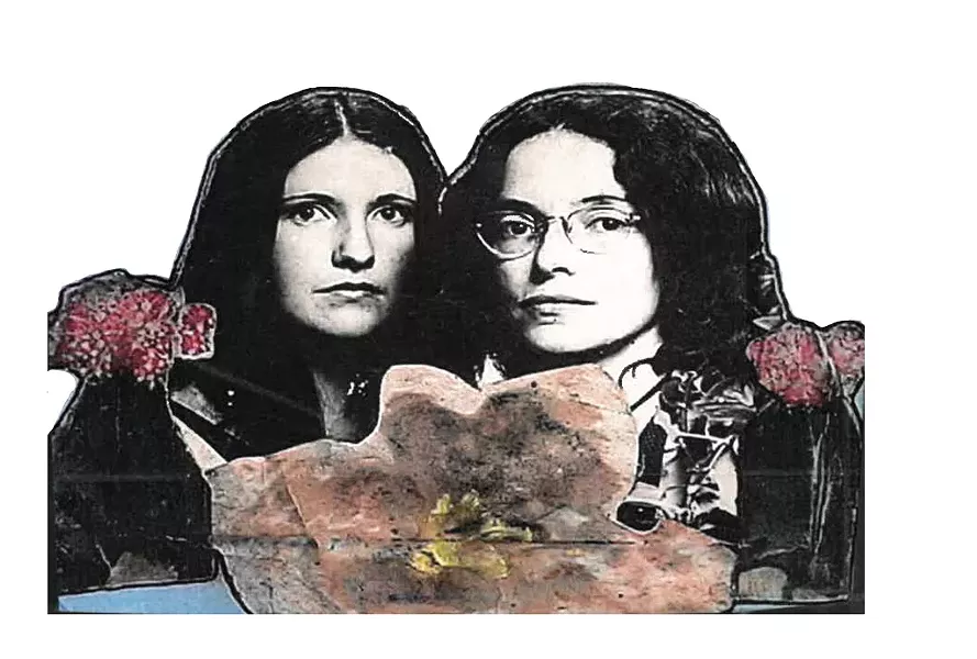 Scrapbook cover featuring photo of Doreen Kraft (left) and Robin Lloyd (right), taken in 198 0