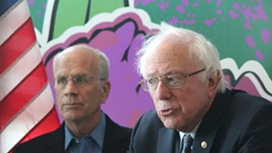 Congressman Peter Welch and Sen. Bernie Sanders at a press conference Monday morning at Burlington International Airport