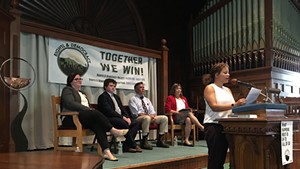 (Left to right): Gubernatorial candidates Brenda Siegel, Ethan Sonneborn, James Ehlers, and Chrstine Hallquist behind Tabitha Pohl-Moore of the Rutland Area NAACP.