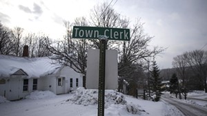 A sign marks the offices of the Brookfield Town Clerk.
