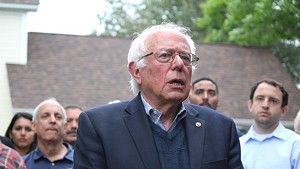 Sen. Bernie Sanders speaking outside his Burlington home in August 2016