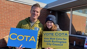 Matt Cota campaigning with his daughter, Molly, on Tuesday