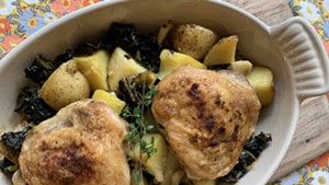 Garlicky chicken, potatoes and kale