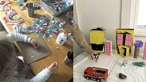 Left: Collage is an easy and adaptable activity; Right: Build a tabletop city with recycled material