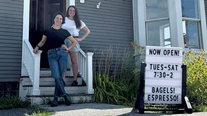 Chelsie Brown (left) and Kim Manning in front of Wee Bird Bagel Caf&eacute;