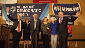 Congressman Peter Welch, Margaret Cheney, Sen. Bernie Sanders, Jane O’Meara Sanders, Marcelle Leahy and Sen. Patrick Leahy on Election Night 2014 in Burlington