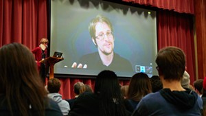 Edward Snowden chats with professor Allison Stanger.