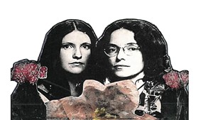Scrapbook cover featuring photo of Doreen Kraft (left) and Robin Lloyd (right), taken in 198 0