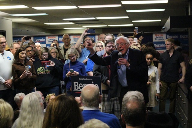 Sen. Bernie Sanders (I-Vt.) addressing supporters at his field office in Newton, Iowa, on Sunday - PAUL HEINTZ