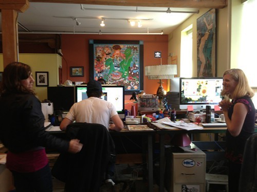 Meredith Coeyman, John James and Brooke Bousquet work on scoring our cover illustration.