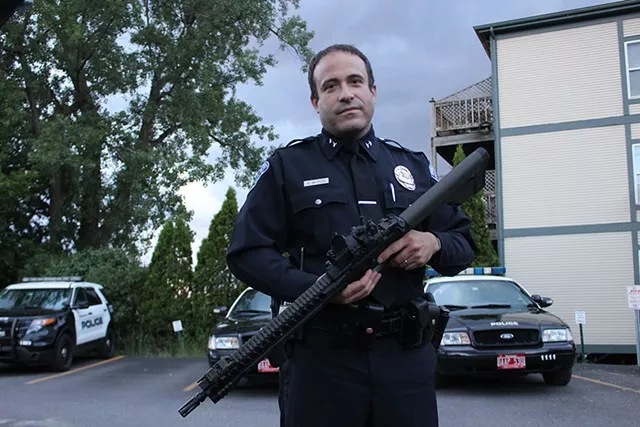 Burlington Police Chief Brandon del Pozo with the AR-15 - FILE: PAUL HEINTZ