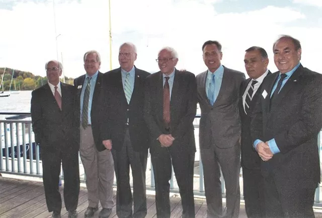 Left to right: Congressman Peter Welch, Bill Stenger, Sen. Patrick Leahy, Sen. Bernie Sanders, Gov. Peter Shumlin, Ariel Quiros and William Kelly at the unveiling of the Northeast Kingdom Economic Development Initiative in Newport in September 2012. - COURTESY OF BILL STENGER