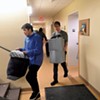 Middlebury College sophomores Aska Matsuda (left) and Sam deWolf moving out of their dorm