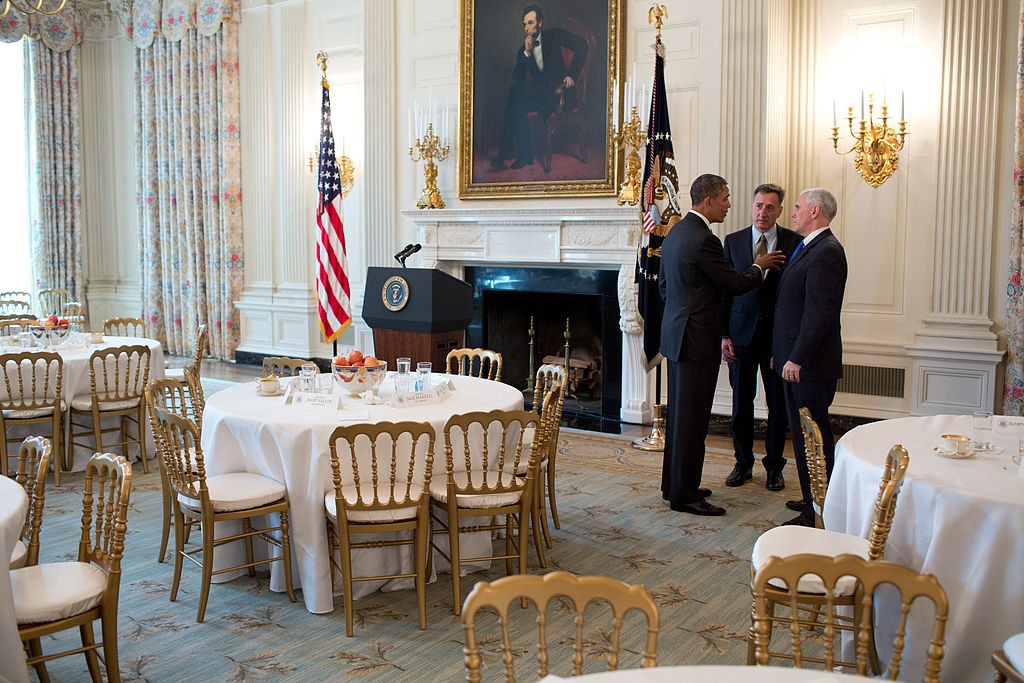 United States President Barack Obama talks with Governor Peter Shumlin of Vermont, centre, chair of the Democratic Governors Association, and Governor Mike Pence of Indiana, after a meeting with the National Governors Association in the State Dining Room of the White House on 25 February 2013. - COURTESY THE WHITE HOUSE/PETE SOUZA, VIA WIKIMEDIA COMMONS