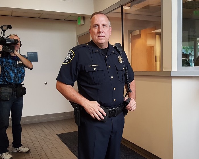 Acting Captain Greg Sackman narrates a tour of the North precinct station.