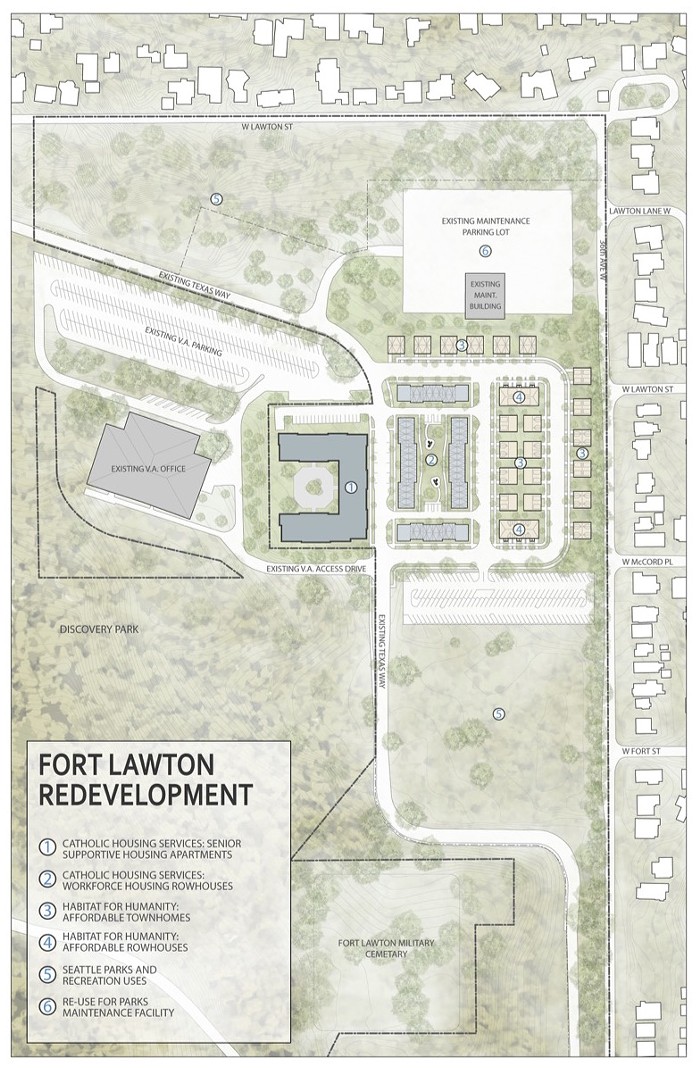 This map shows where the city proposes putting several types of affordable housing at Fort Lawton. Click to enlarge.